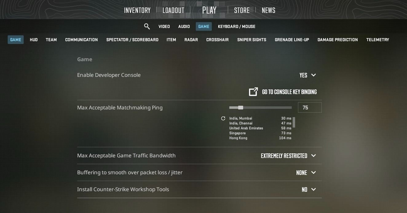 CS2 settings menu showing graphics, audio, and gameplay options.