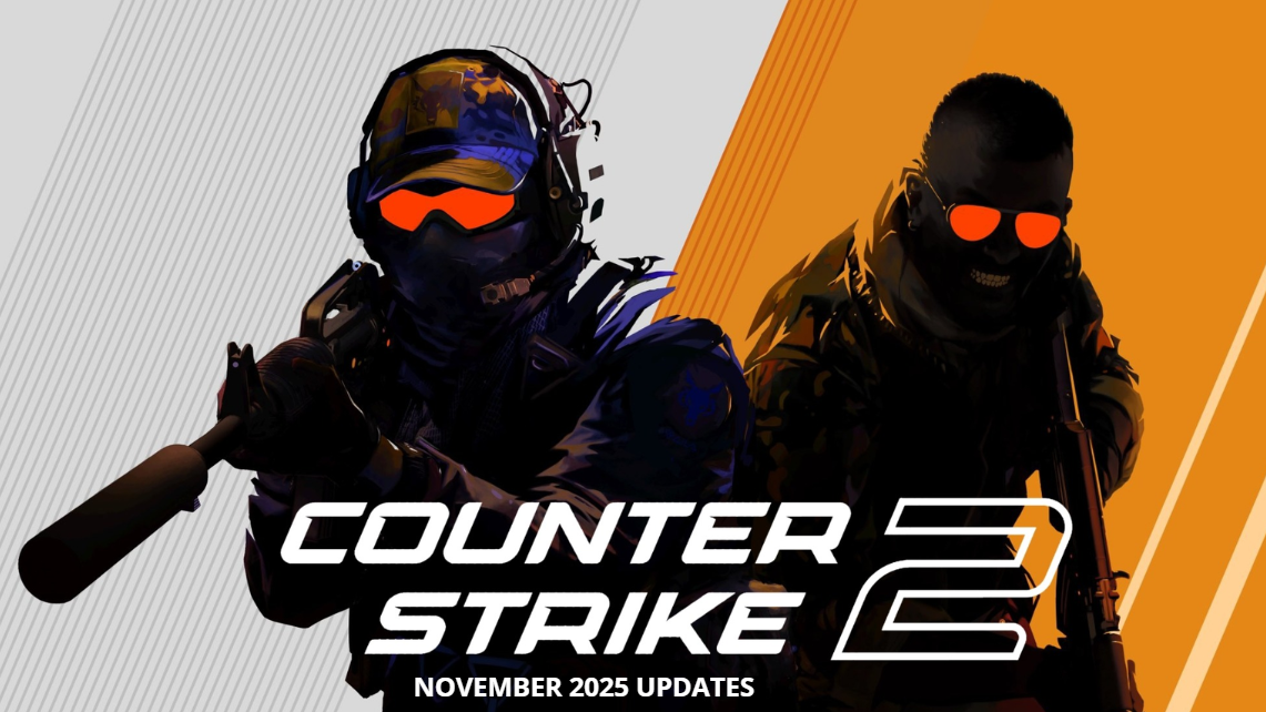 Stylized CS2 update image showing two operators with orange visors against gray and orange backgrounds.